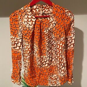 Vintage Chic Silk Orange Pleated Neckline Blouse